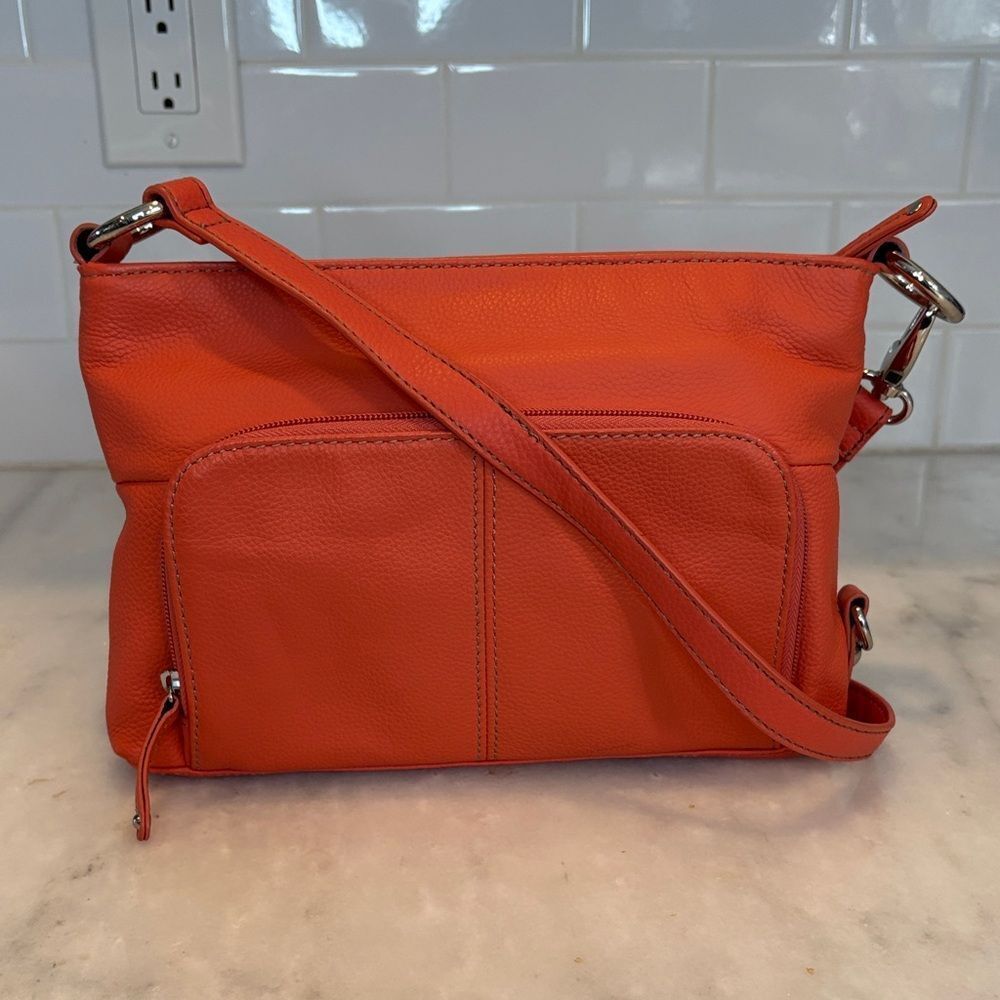 Tignanello Crossbody Shoulder Bag Handbag Orange Tangerine Pebbled Leather